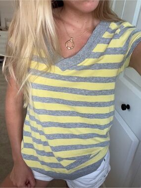 Striped V-Neck Short Sleeve Top in Yellow and Gray